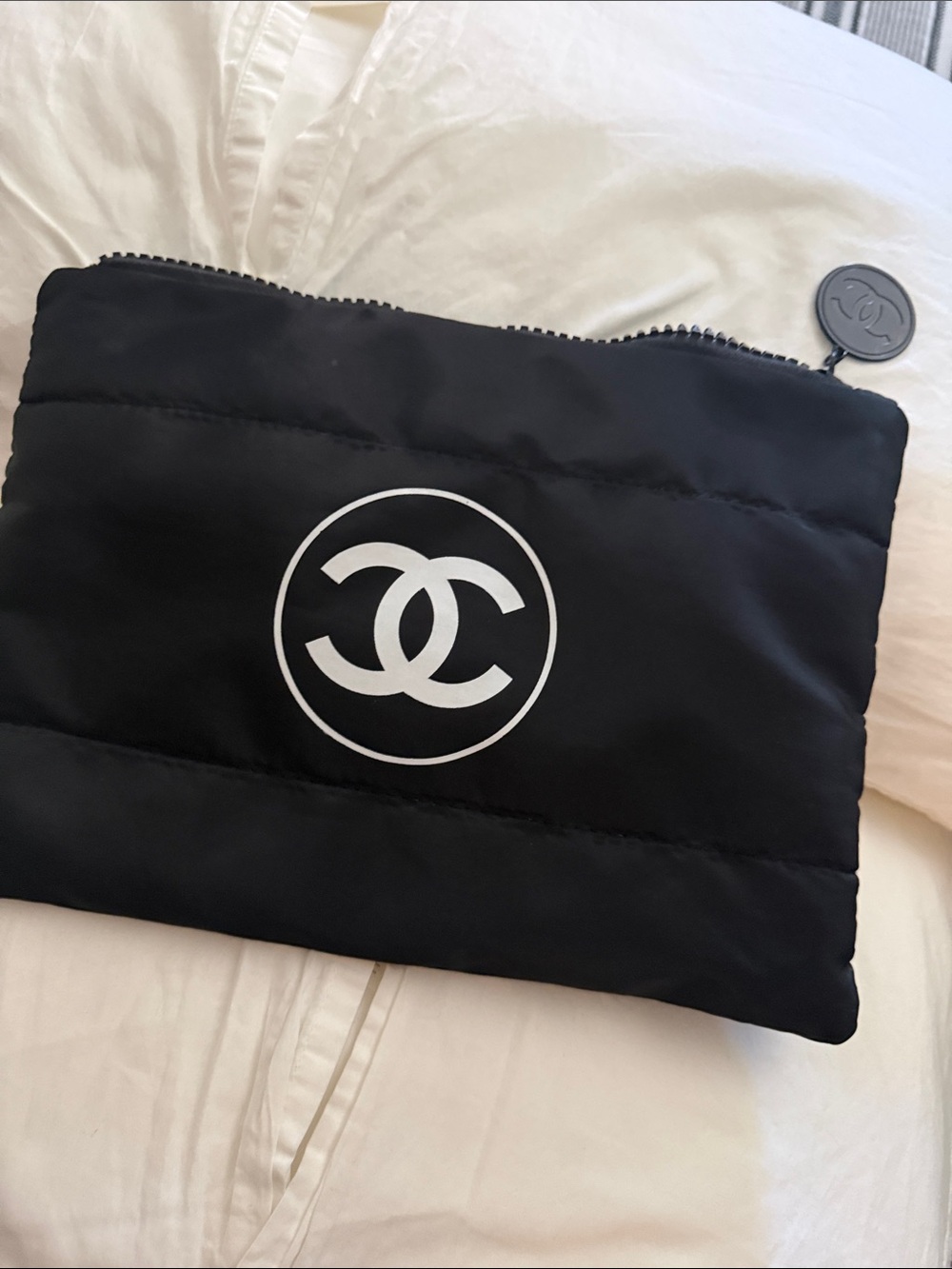 CHANEL Black Quilted Toiletry Pouch with White CC Logo - Picture 7 of 9
